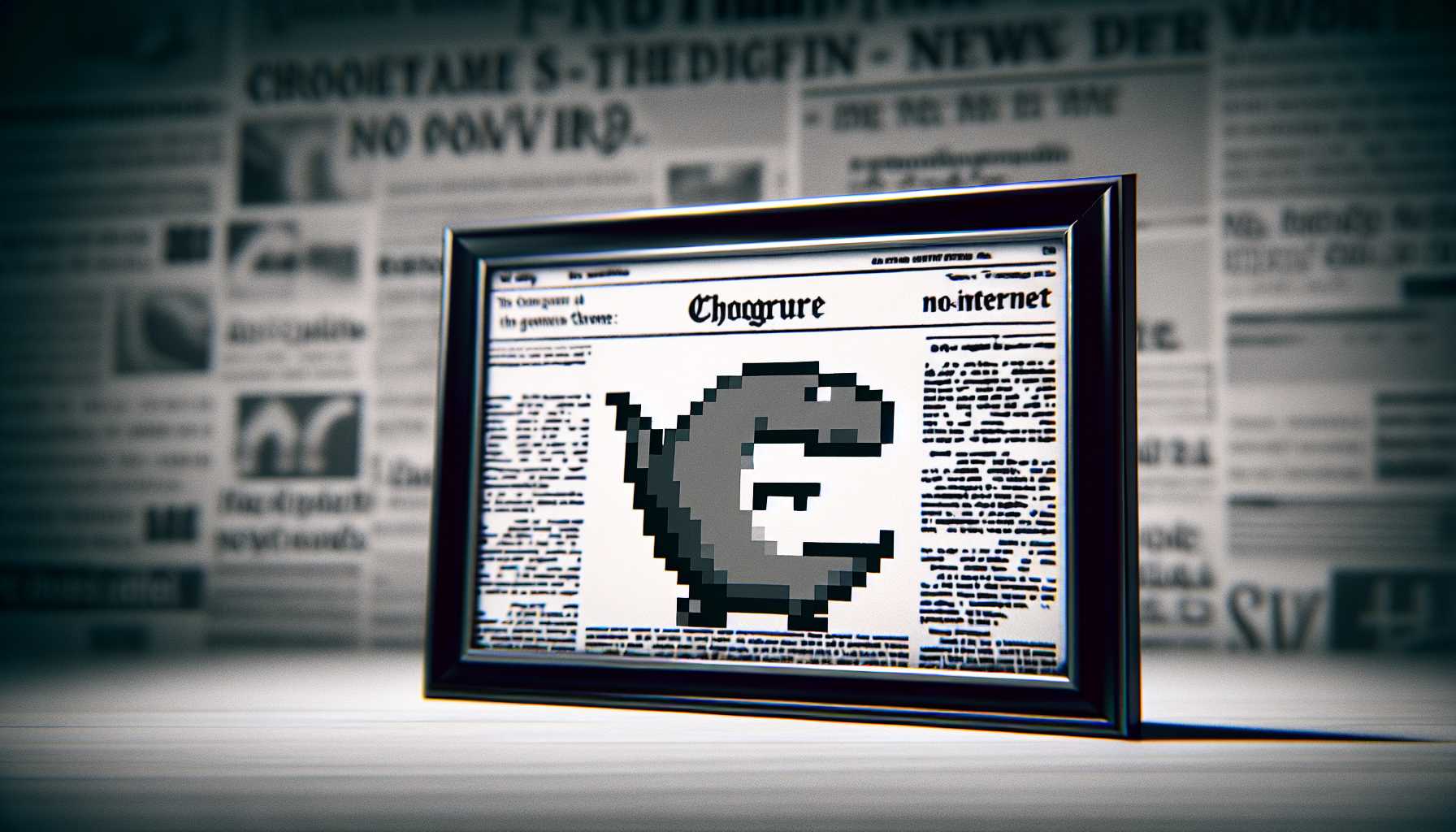 Google Chrome Dinosaur with a news article in the background