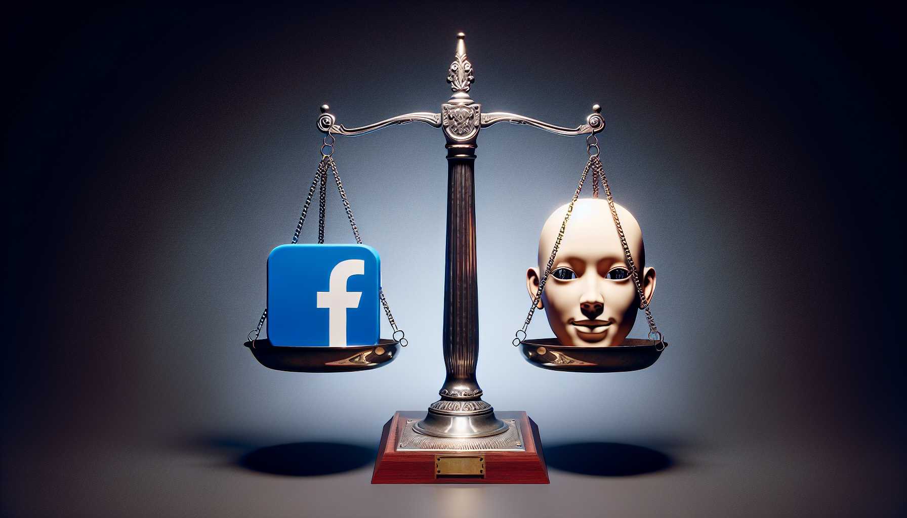 Scales of Justice balancing a Facebook logo and an AI deepfake image