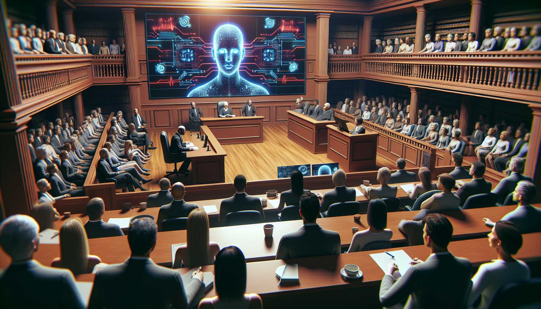 A courtroom with AI-generated imagery on a screen as evidence