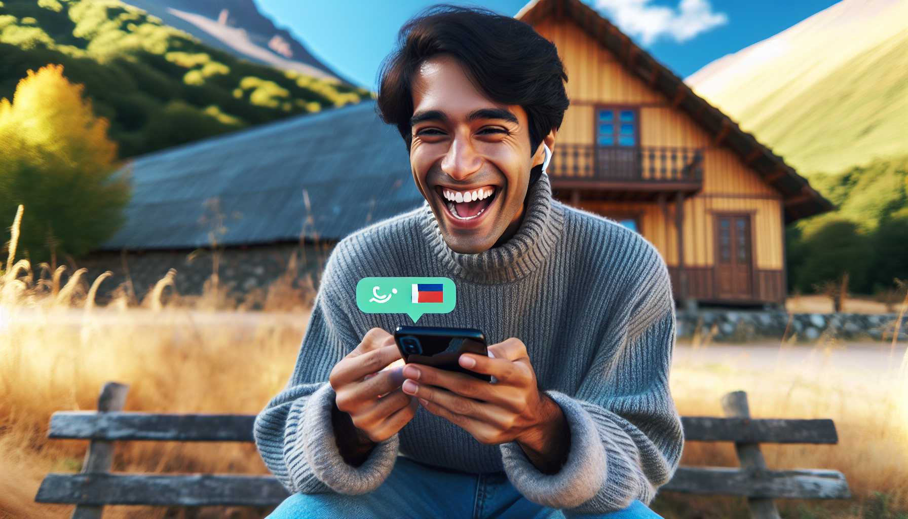 A person in Chile using Duolingo on their phone with a smile on their face.