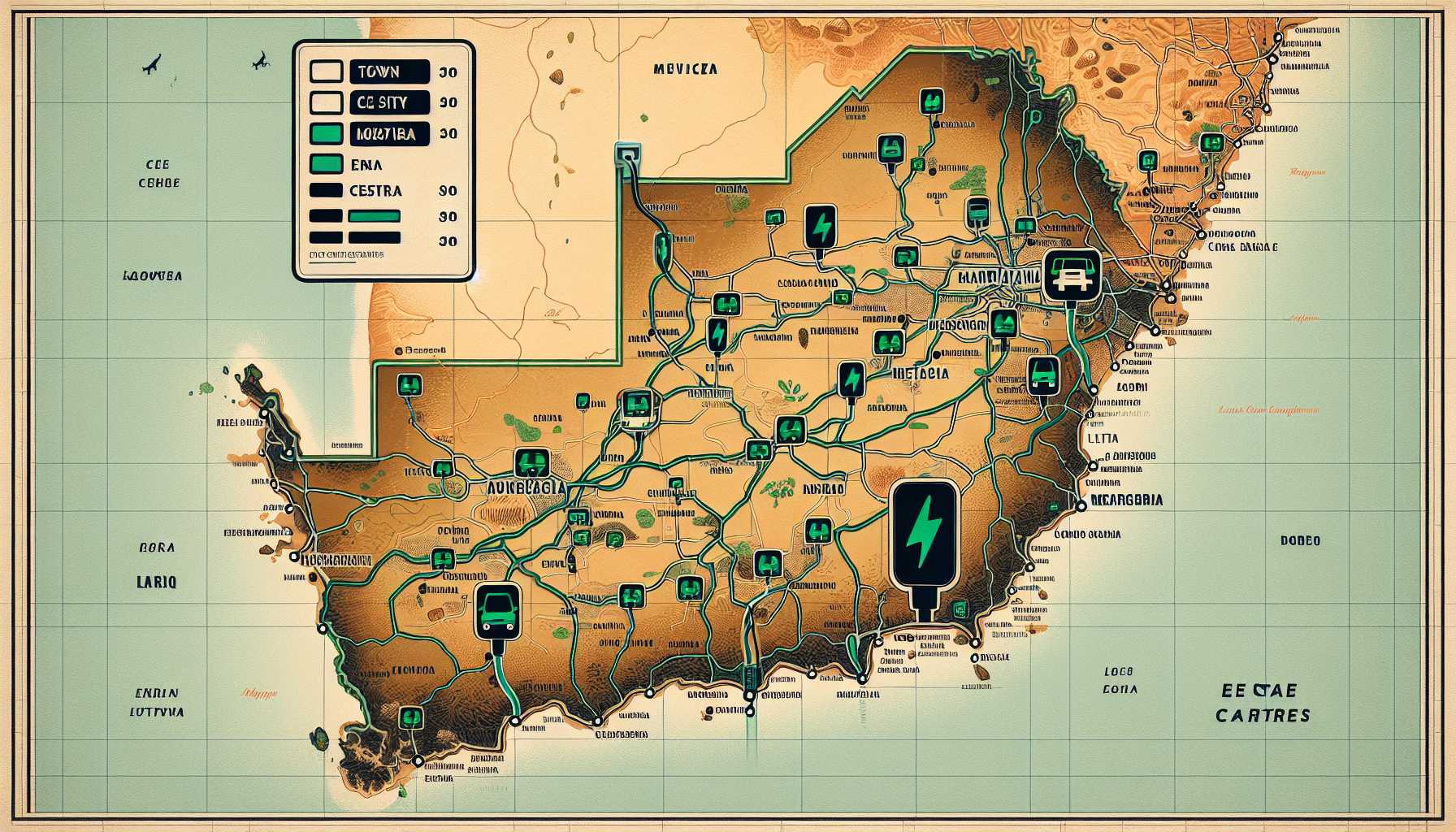 A map of Mauritania with charging stations for electric cars