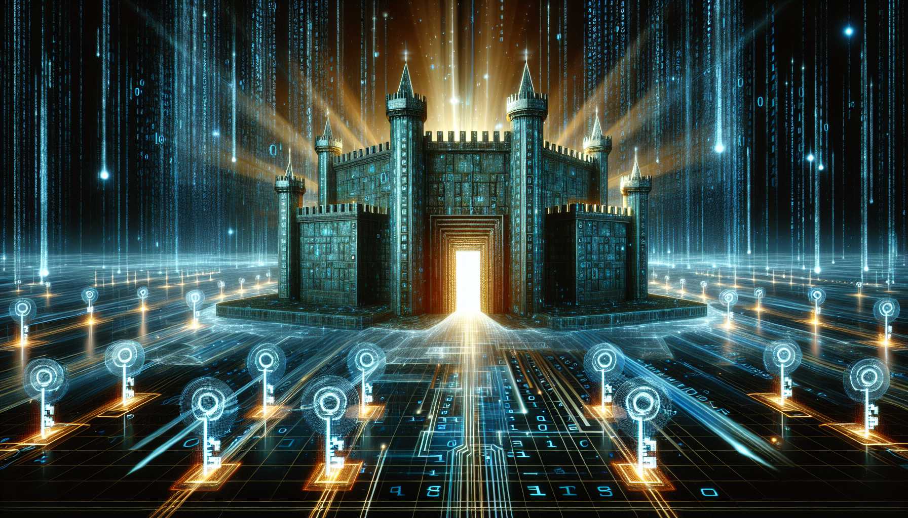 A sophisticated firewall represented as a digital fortress