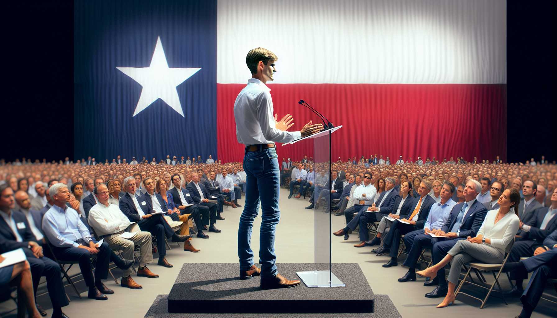 Elon Musk addressing Tesla shareholders at an annual meeting with Texas flag in the background