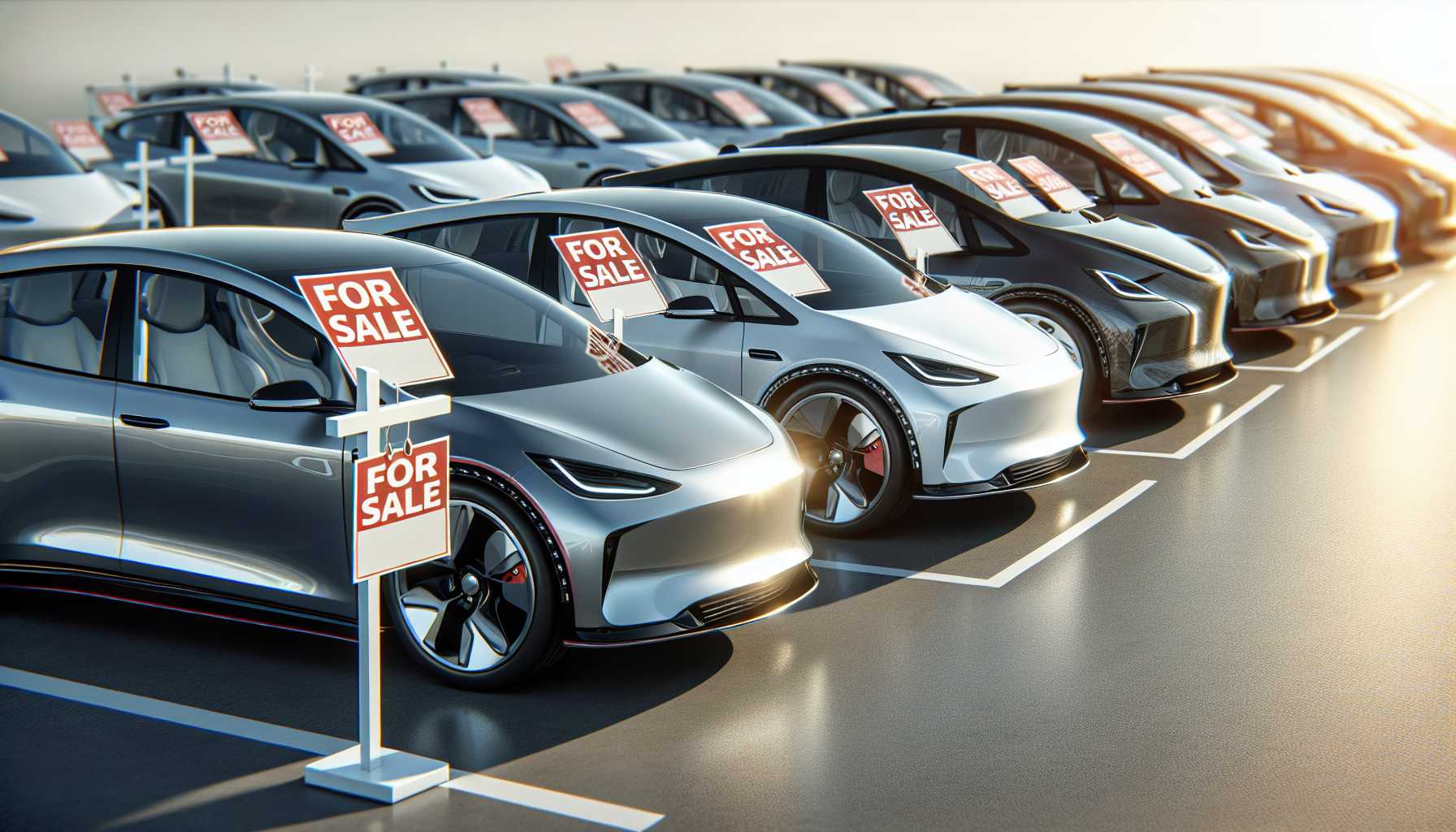 Tesla electric vehicles lined up with 'For Sale' signs indicating price drops and market challenges