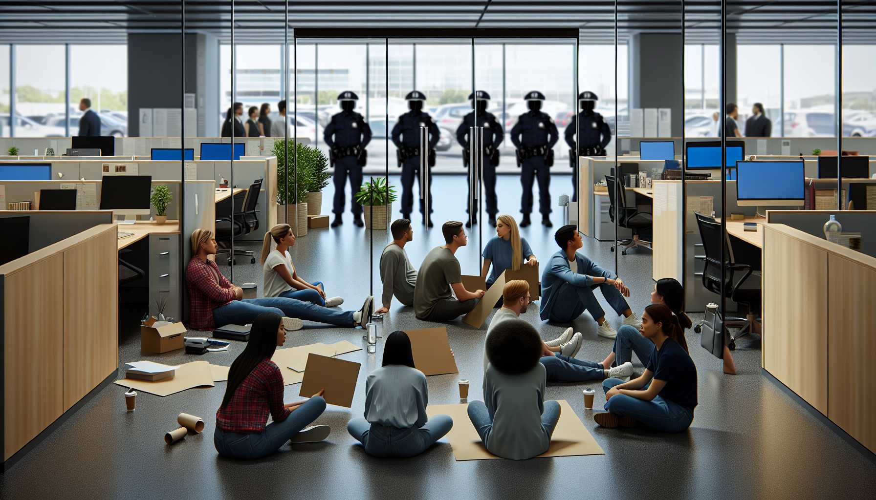 Google employees holding a sit-in protest in a modern tech company office environment with police arriving