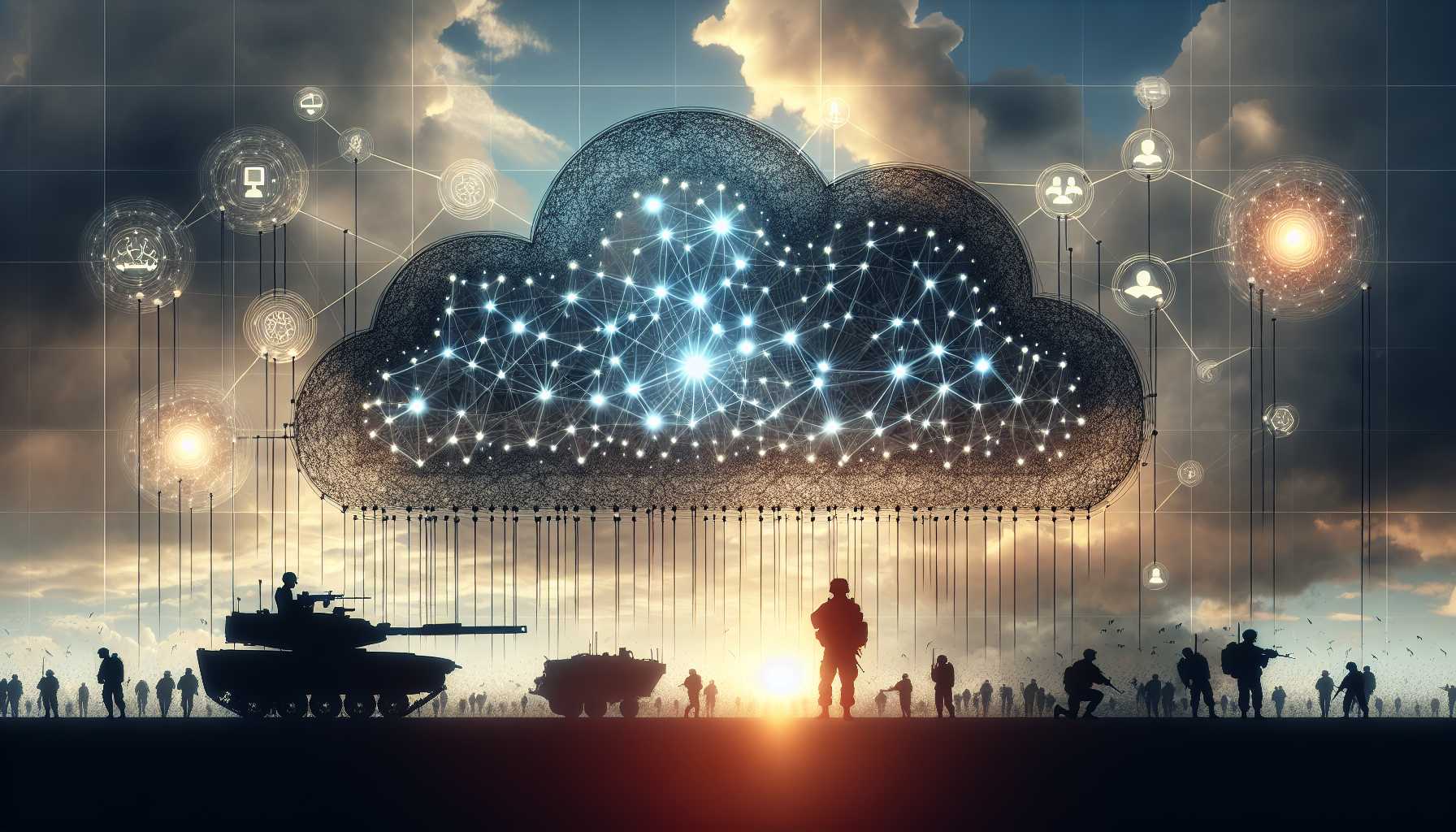 A conceptual image of cloud computing, AI neural networks, and military silhouettes indicating dilemma in tech warfare