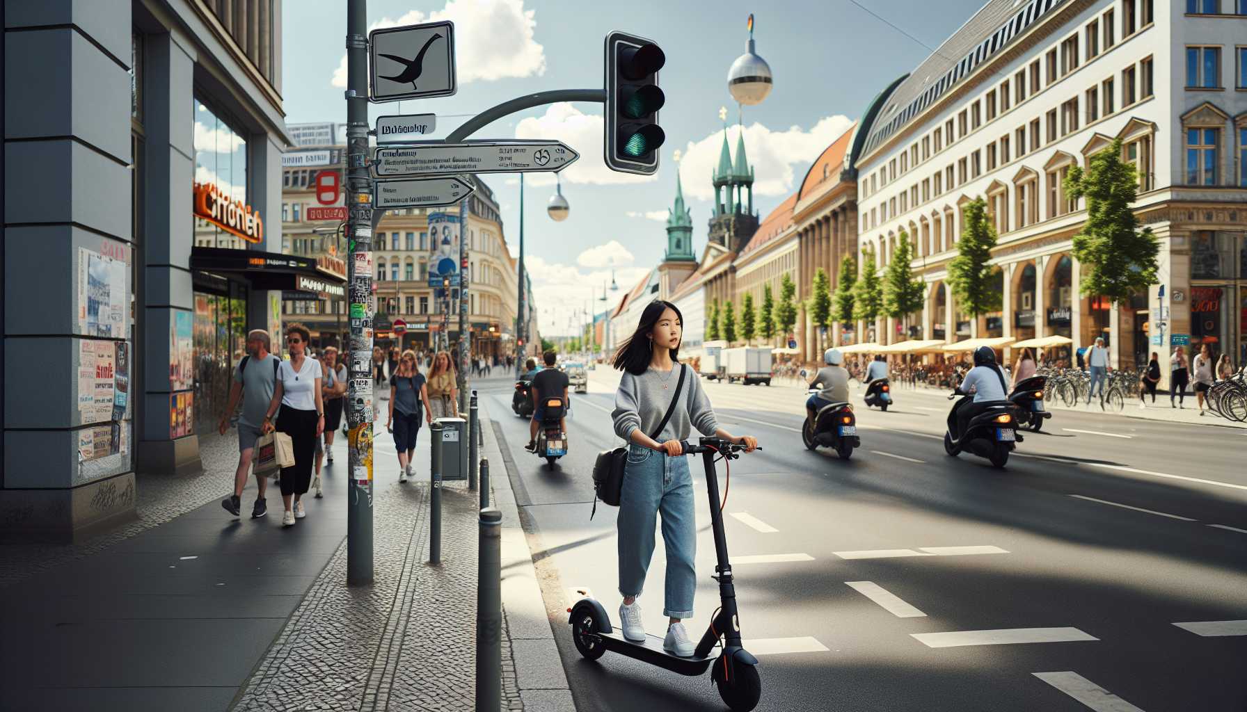 A person riding an electric scooter through a busy city street in Germany