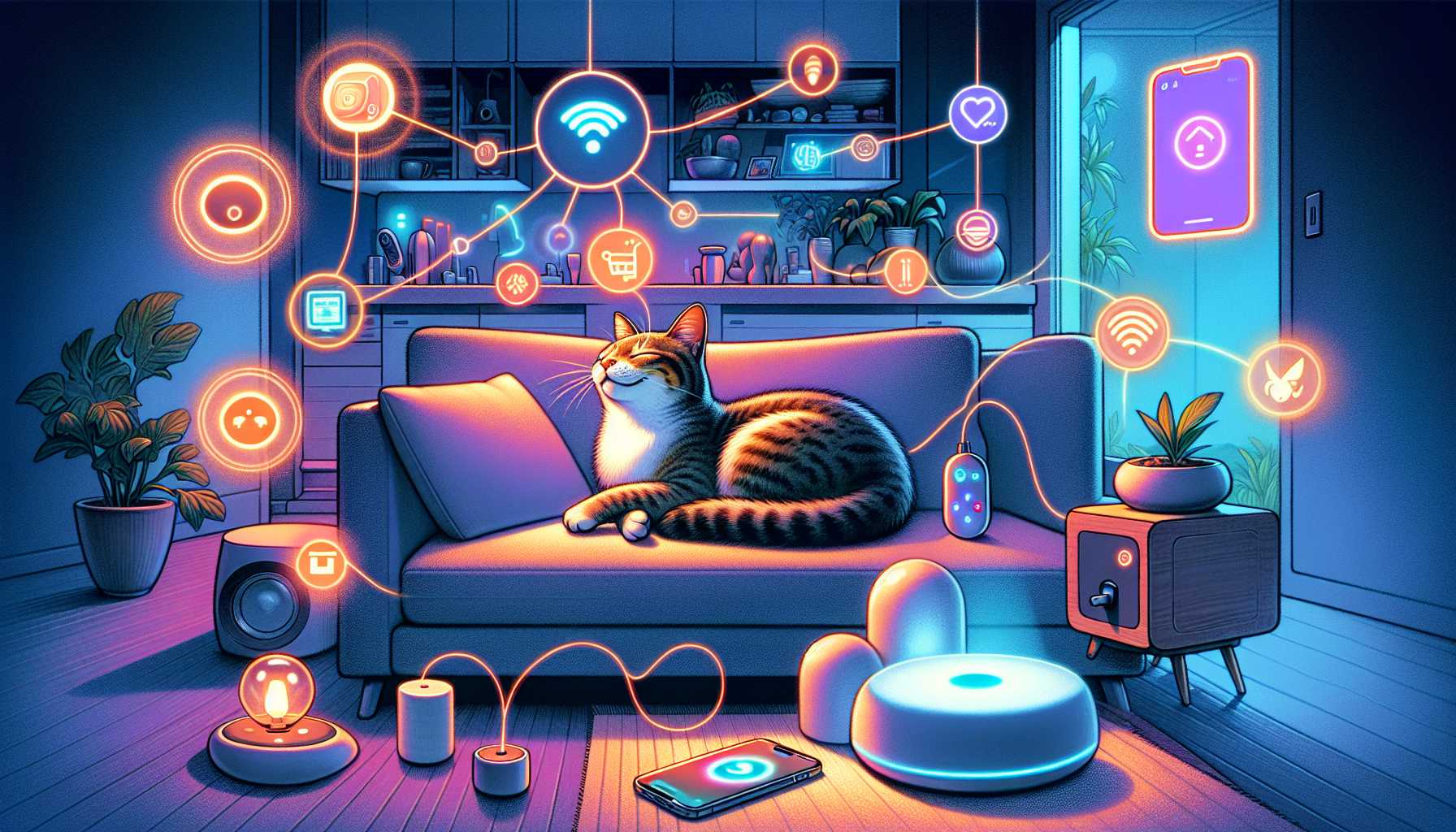 A happy cat sitting in a smart home, surrounded by connected devices.