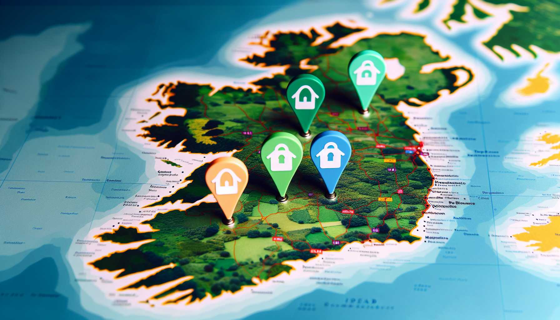 A map of Ireland with pins marking the locations of the top 5 online platforms for property rentals and real estate.