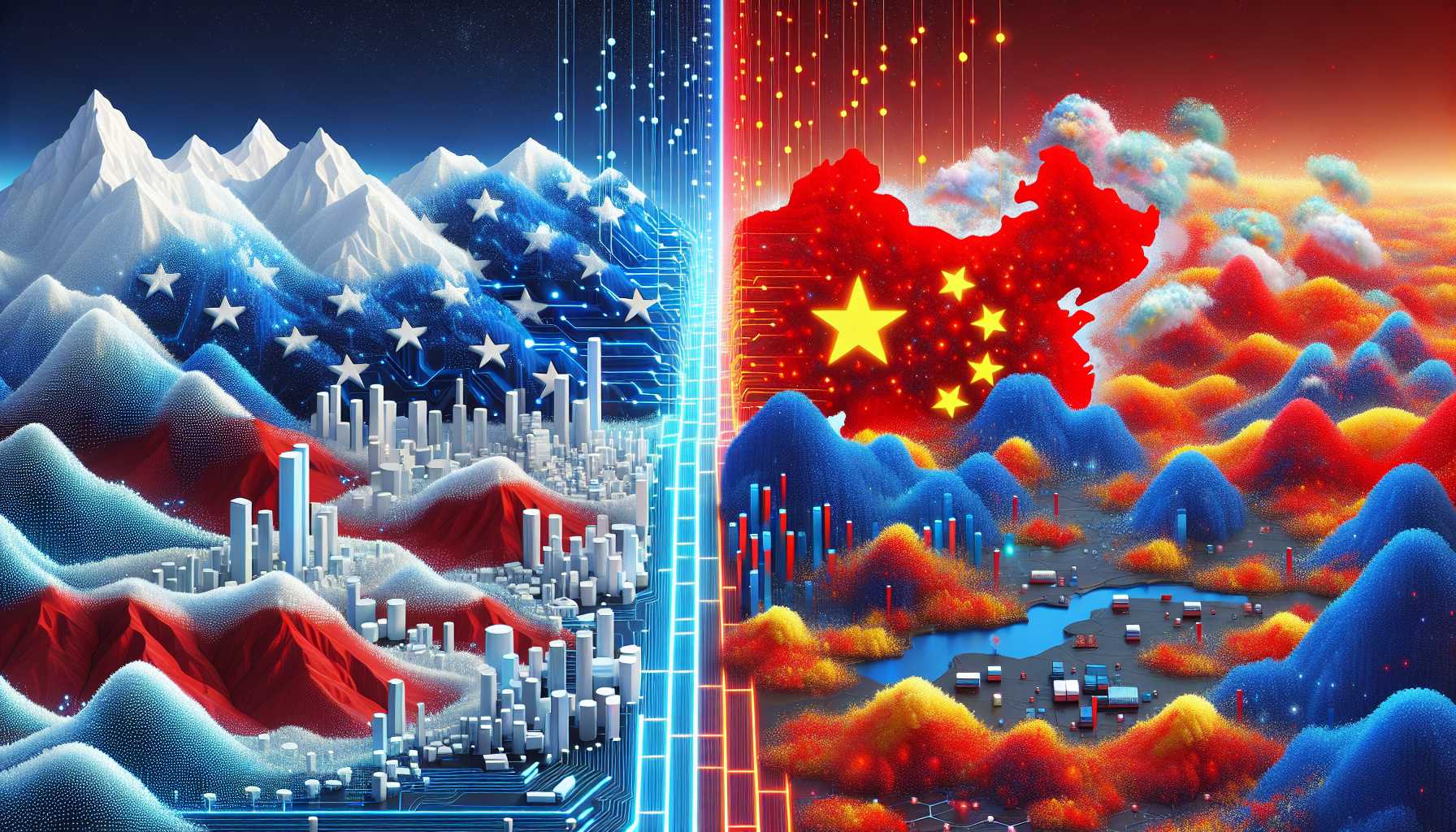 abstract depiction of the United States and China as opposing digital landscapes