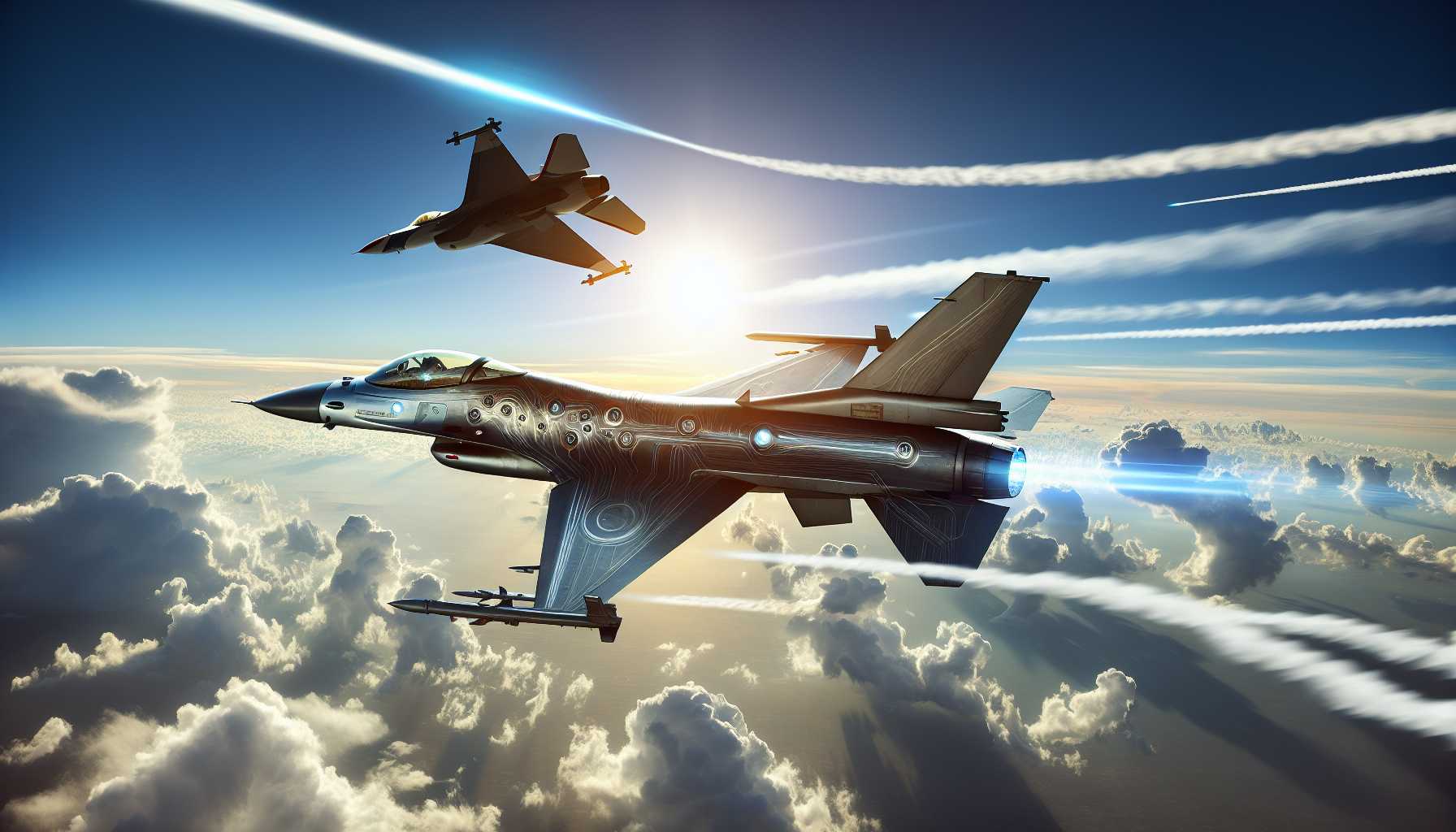 an AI-powered fighter jet engaging in a dogfight against a human-piloted F-16