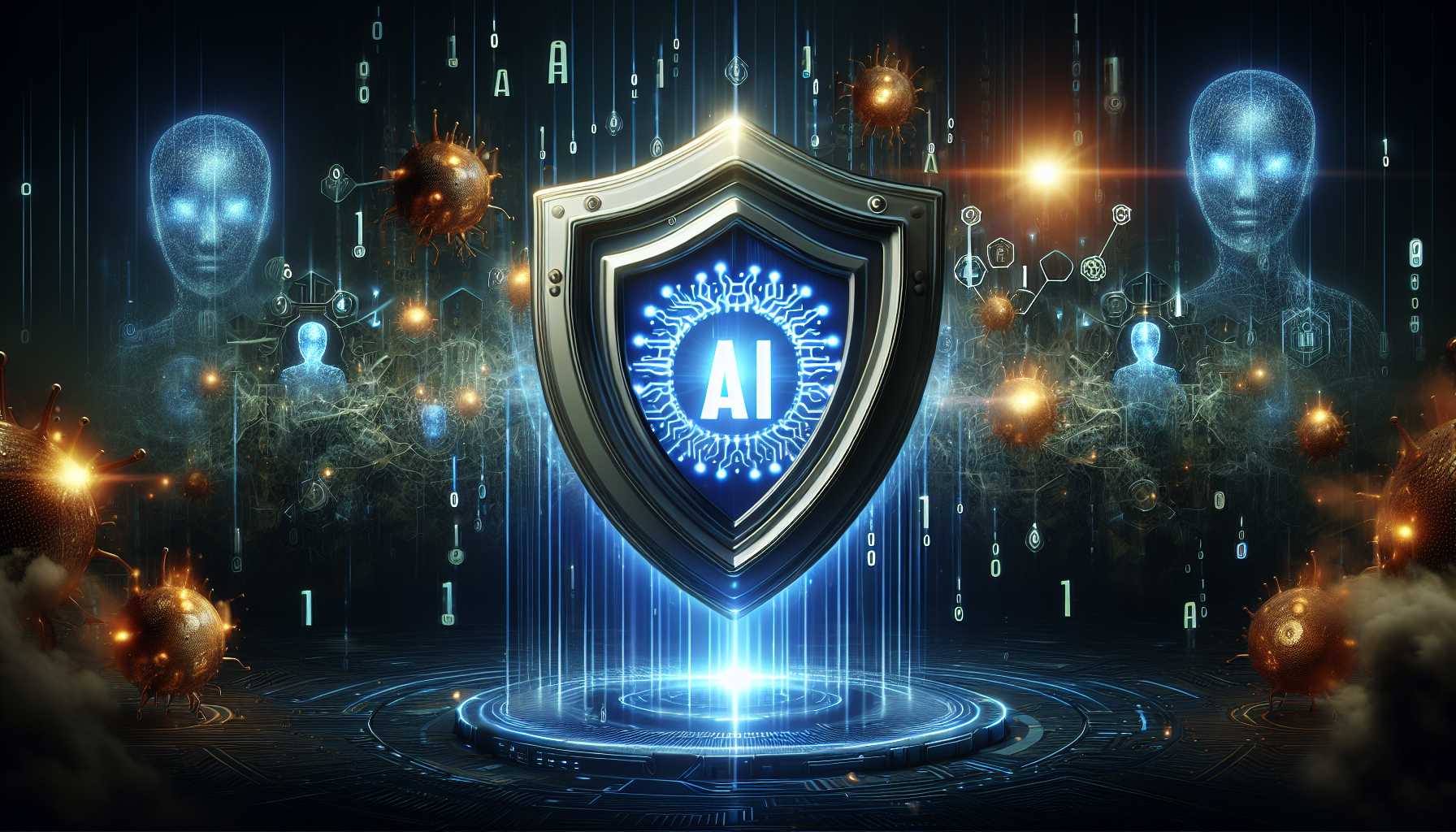 AI symbol with protective shield and looming cyber threats illustrations