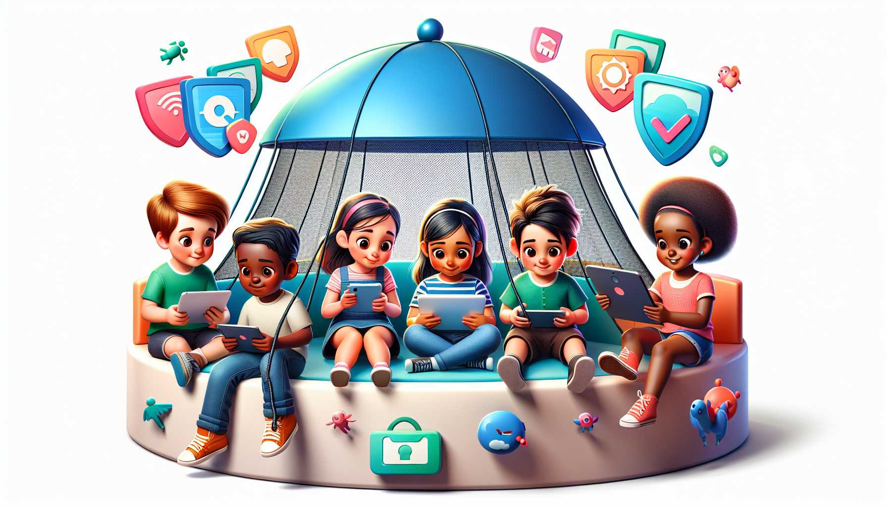 Young children using smartphones and tablets with a safety net icon above