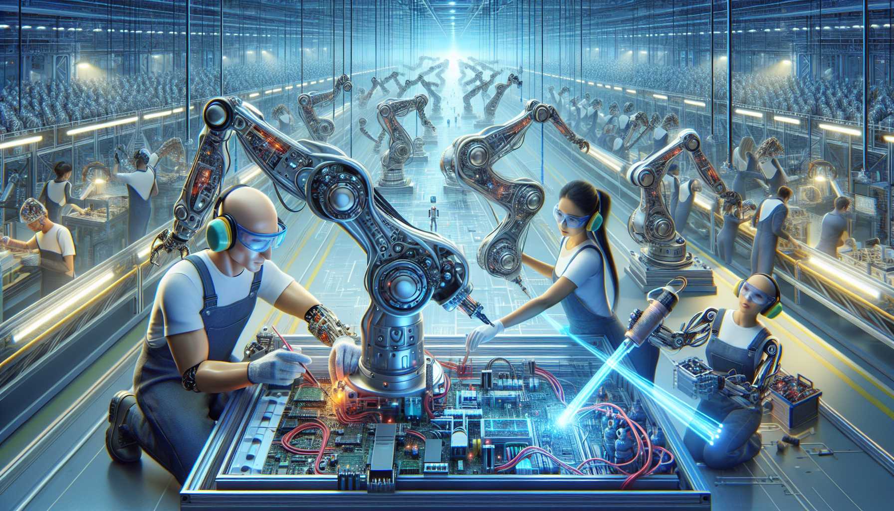 Robots and humans working together on an assembly line