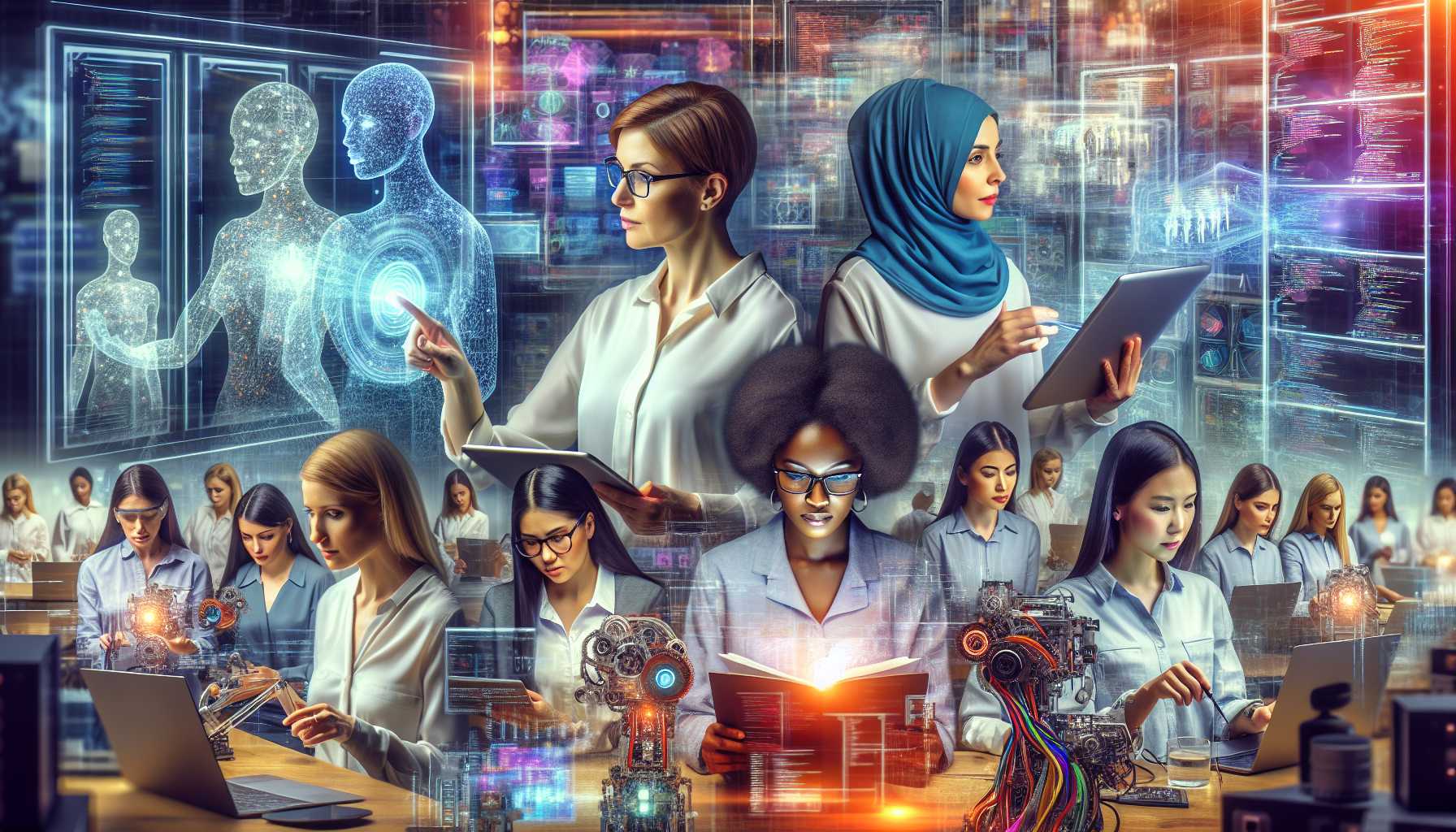 a montage of women in AI working together in a high-tech lab environment