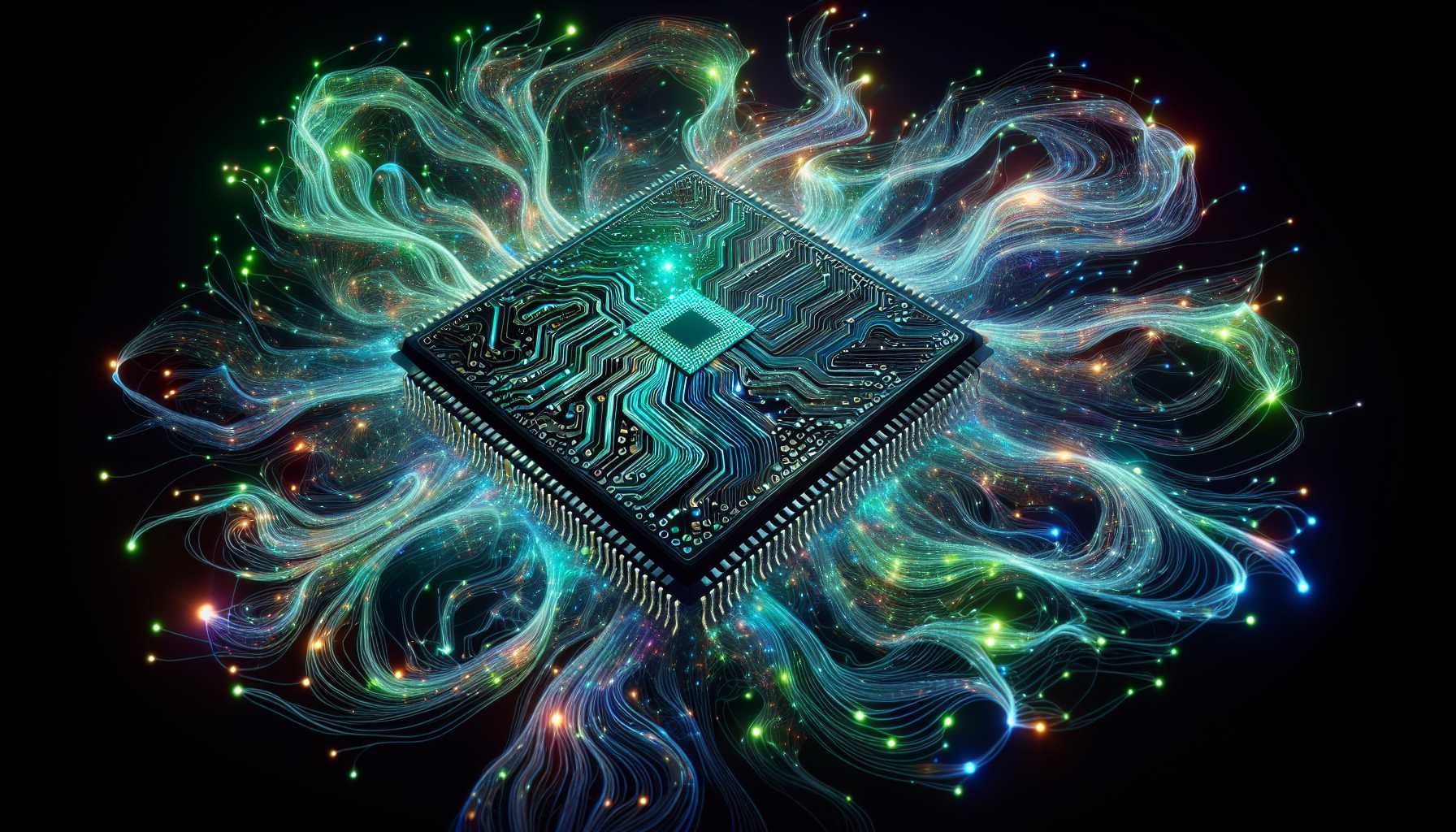 silicon chip against a backdrop of AI code and glowing neural networks