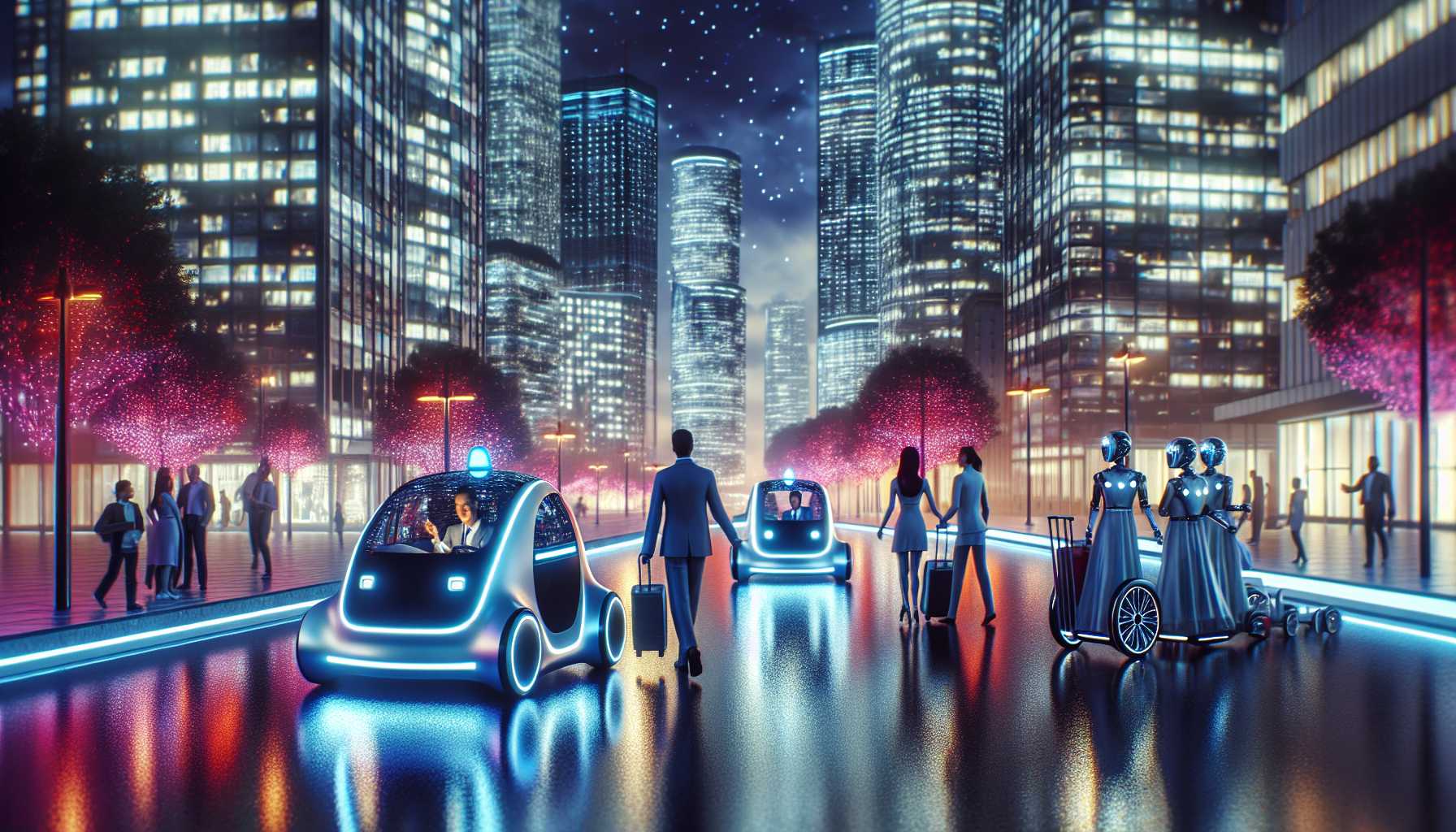 a futuristic urban scene with autonomous robotaxis