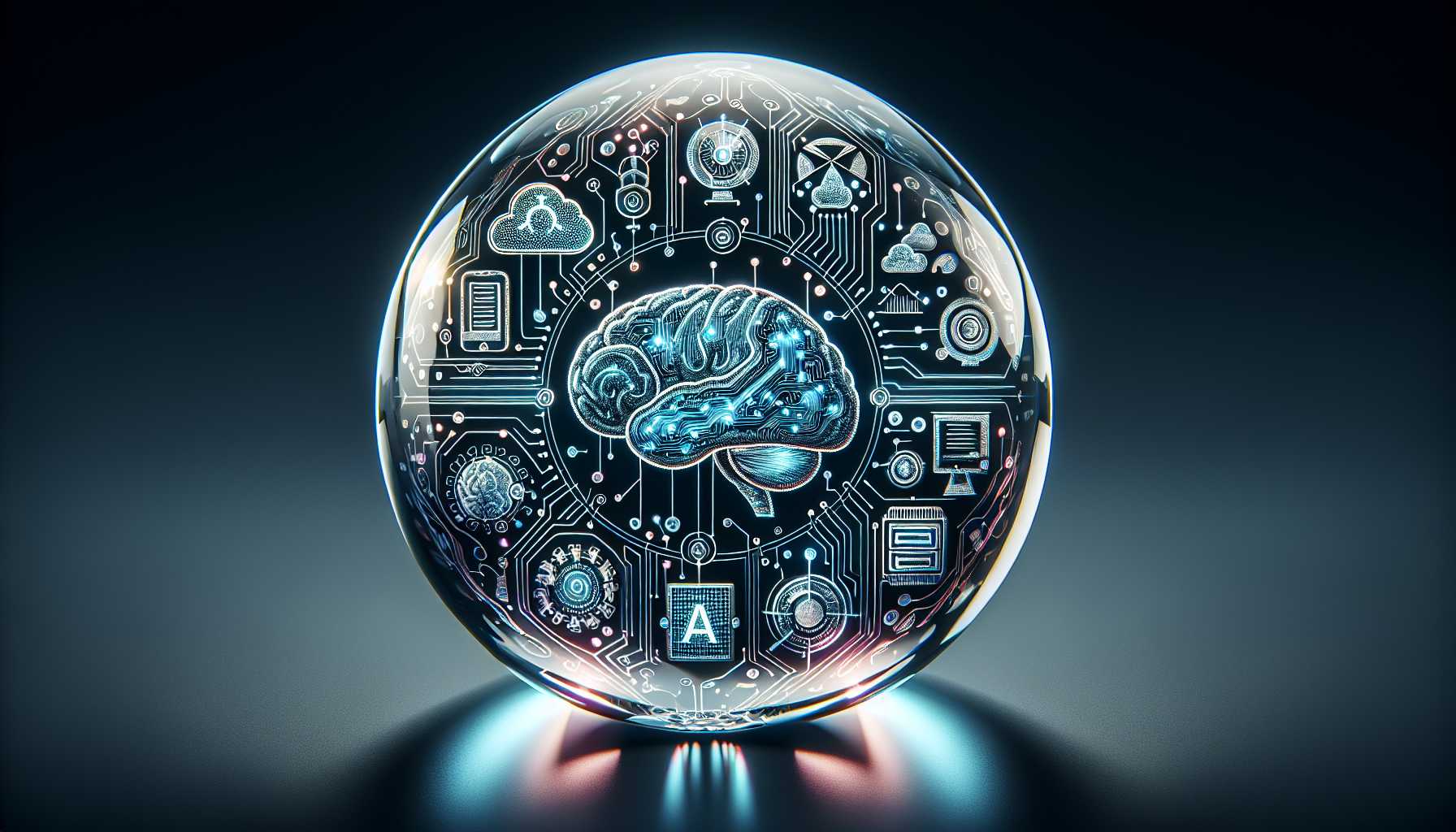 Futuristic crystal ball with AI and cloud computing symbols