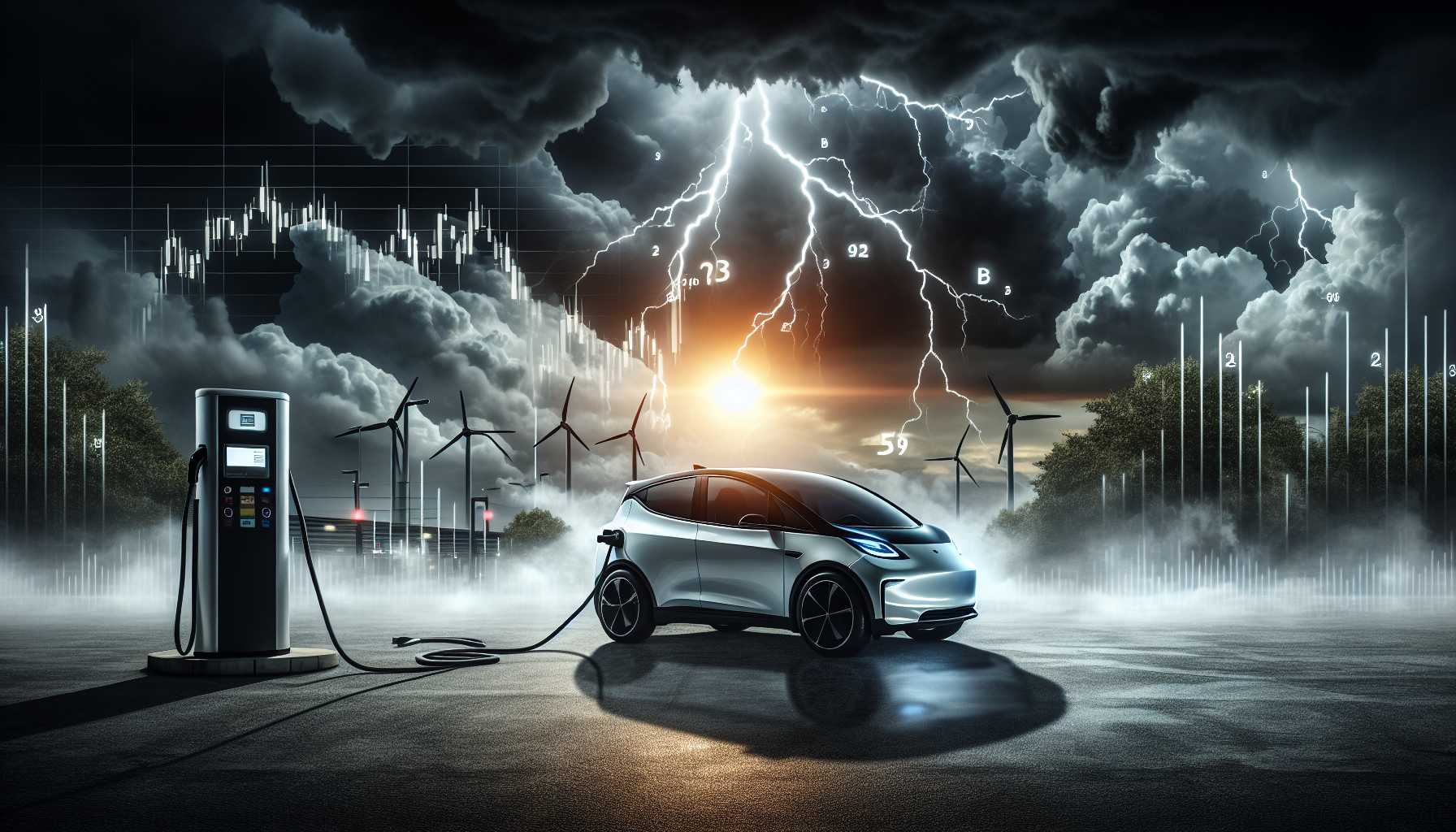 Electric vehicle amidst storm clouds representing Tesla's market challenges