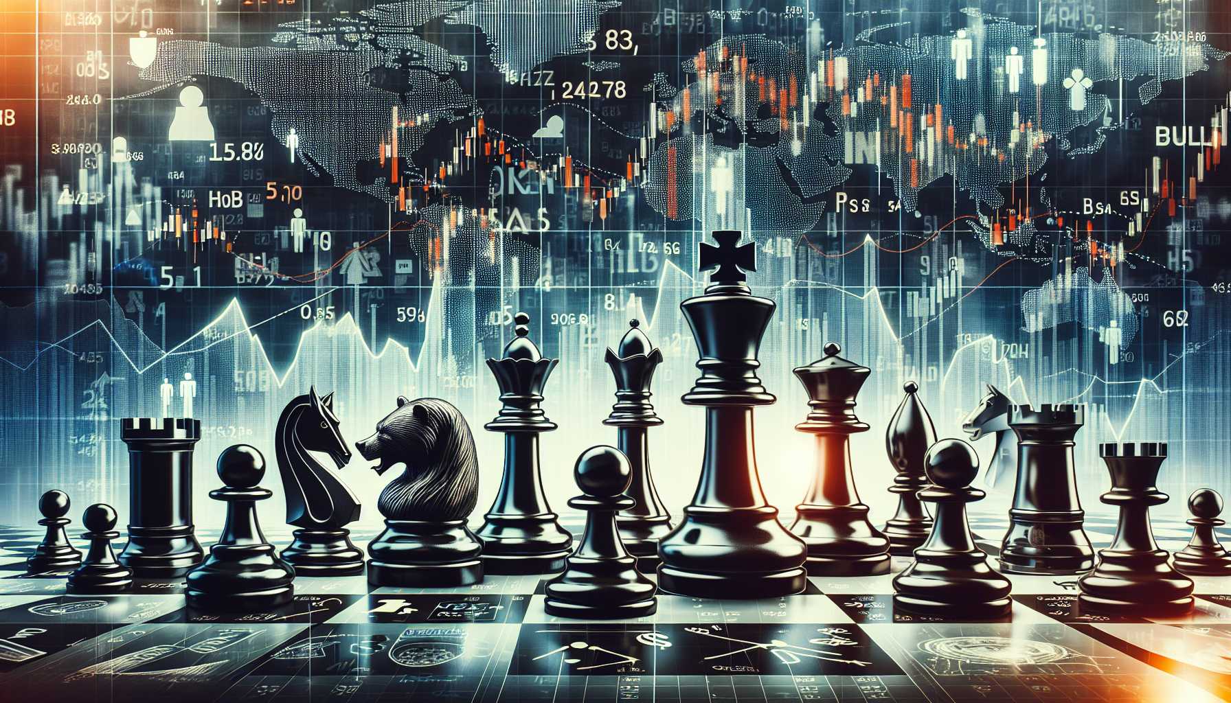 Chess pieces on a stock chart symbolizing strategic stock market positions