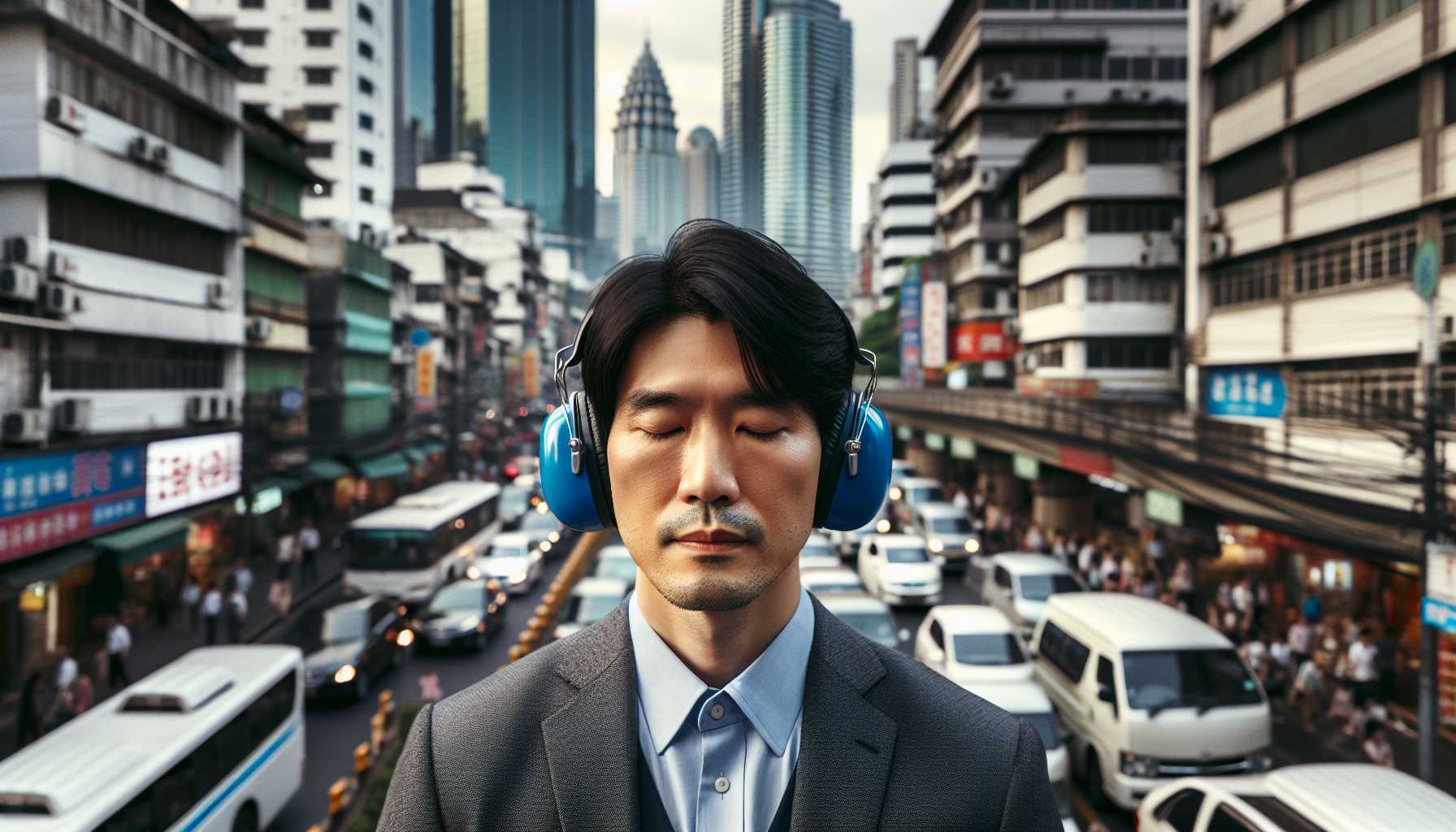 Person using noise-canceling headphones in a busy city