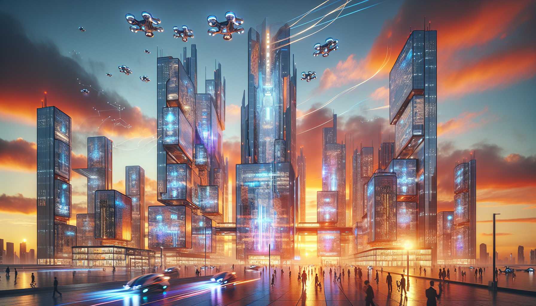 A futuristic cityscape with robots and flying cars