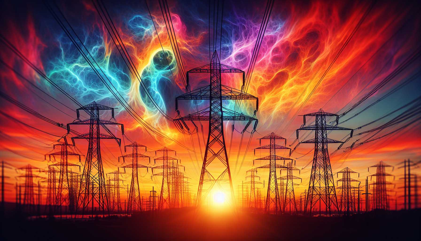 Electricity pylons against a sunset sky, symbolizing the AI energy surge