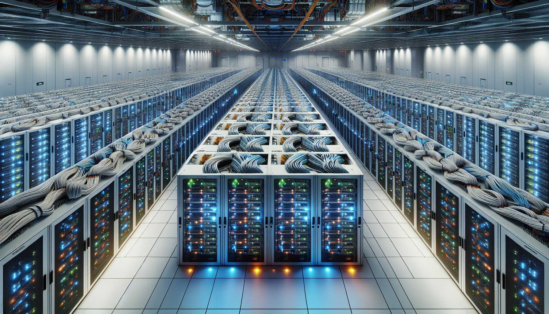 A sprawling data center with rows of servers and cables