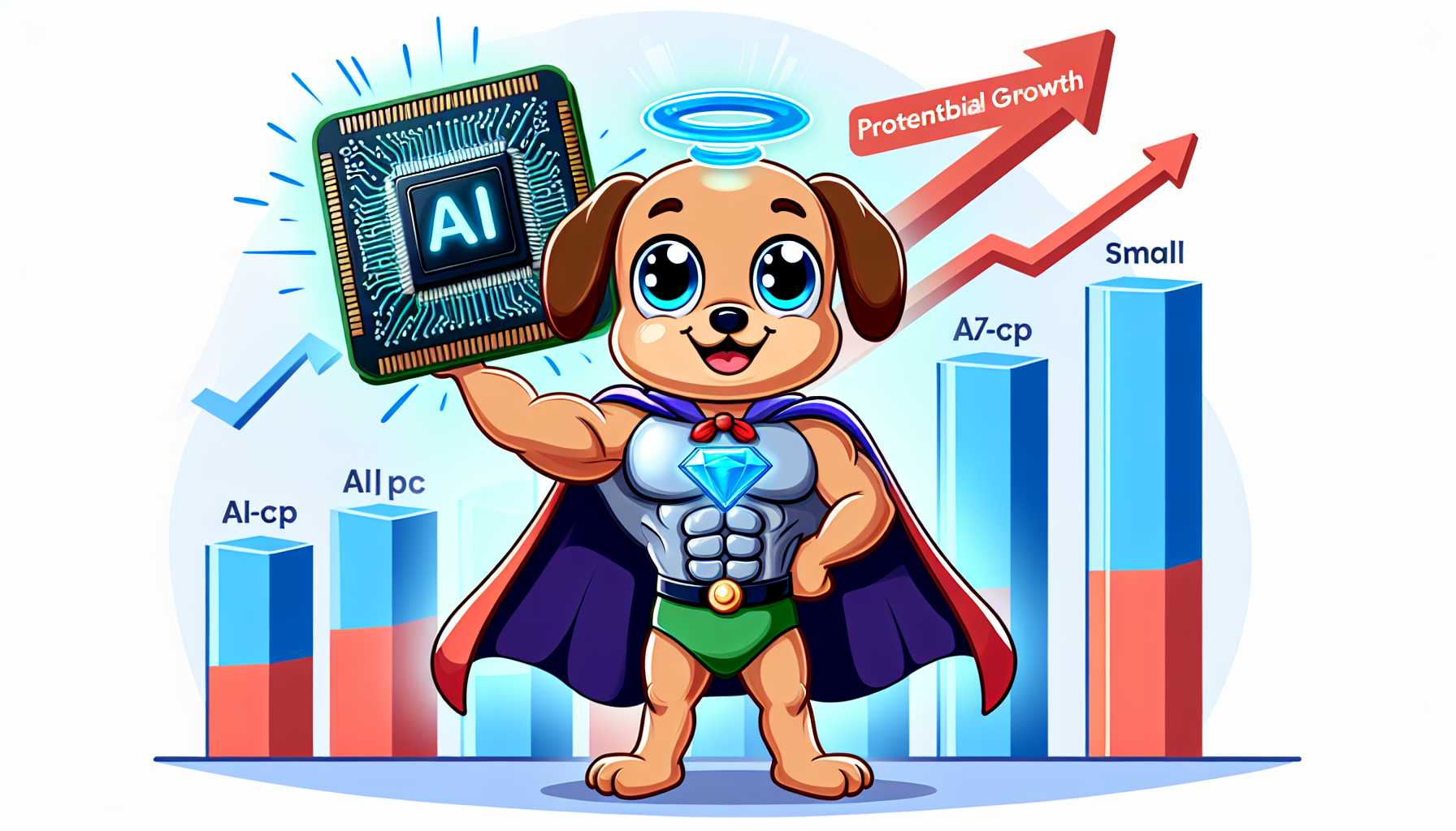 Underdog mascot holding an AI chip, symbolizing small-cap AI stocks with growth potential