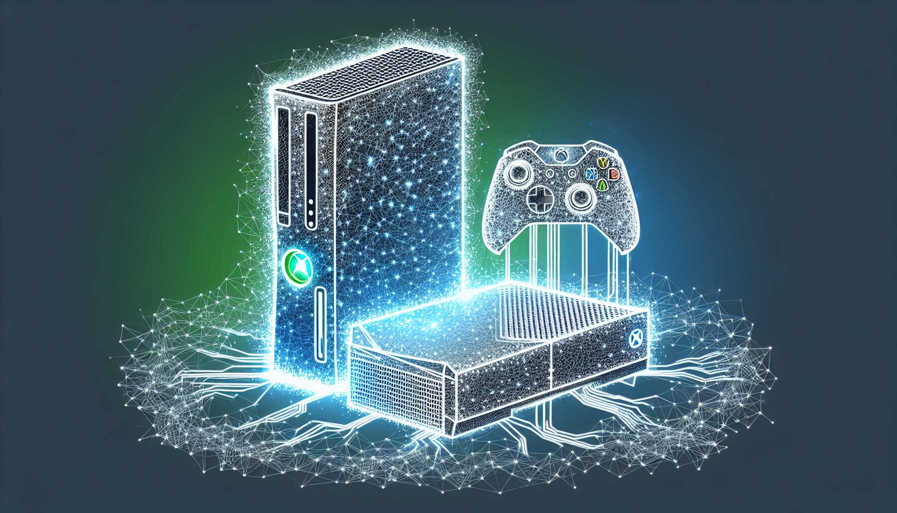 Xbox console overlaid with a digital mesh symbolizing integration with PC