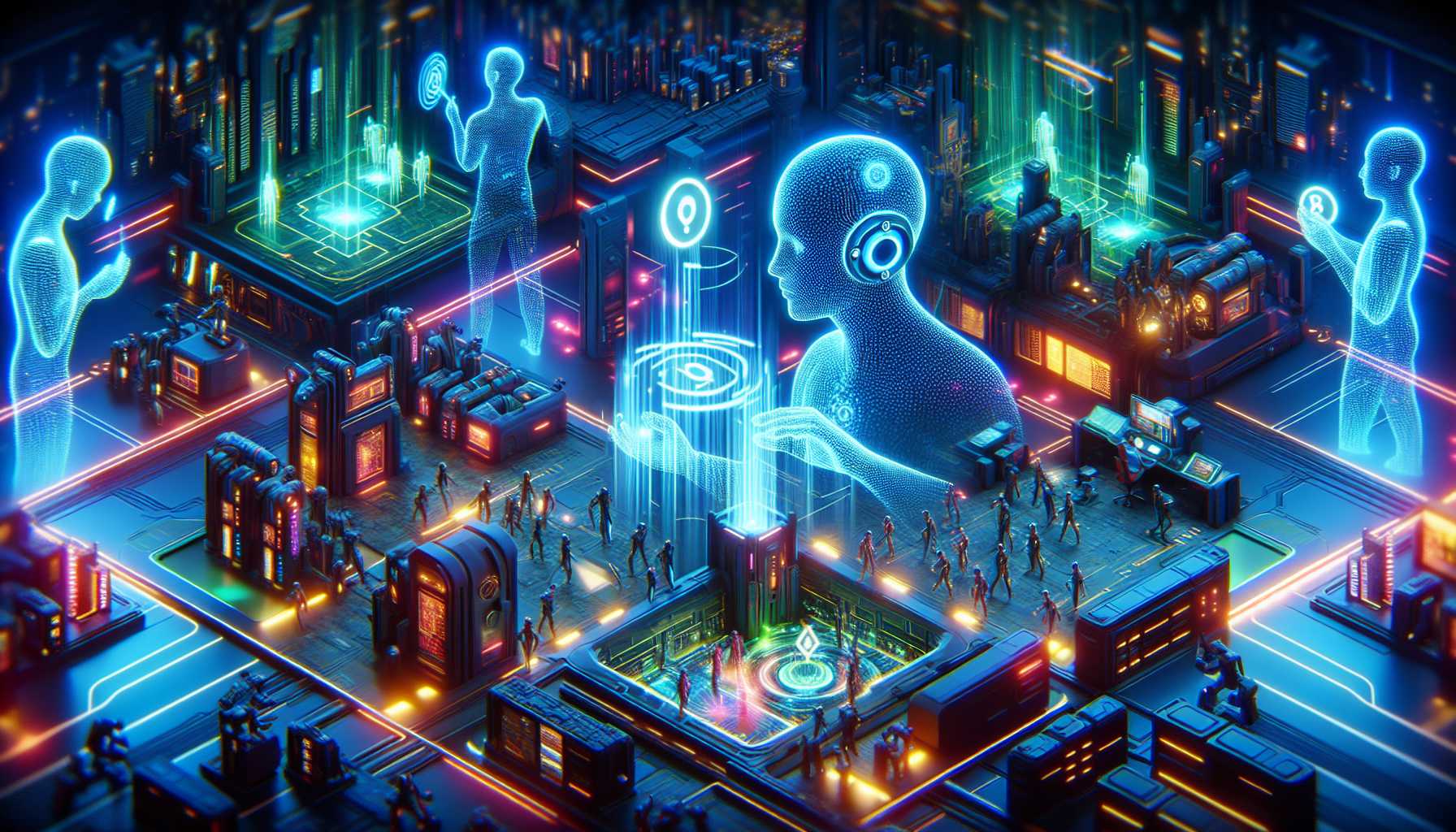 Futuristic depiction of AI and blockchain harmonizing in gaming