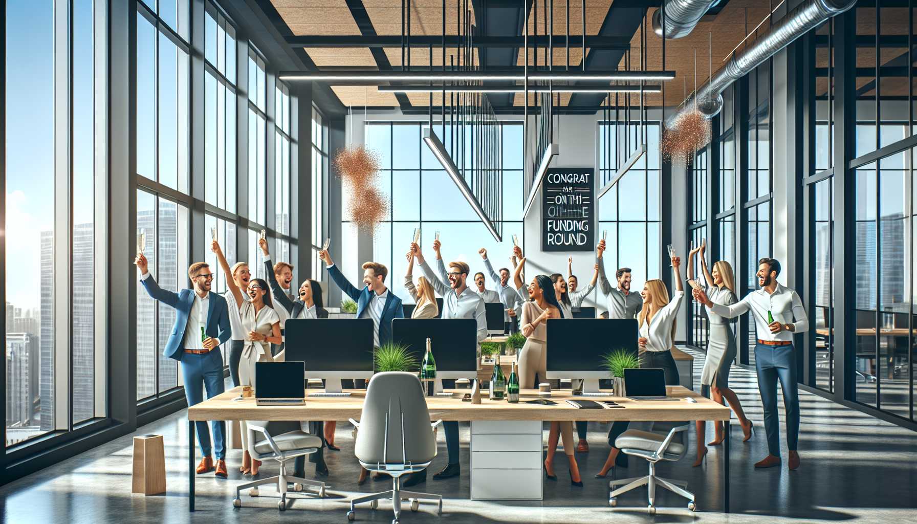 a modern office with happy employees celebrating funding round