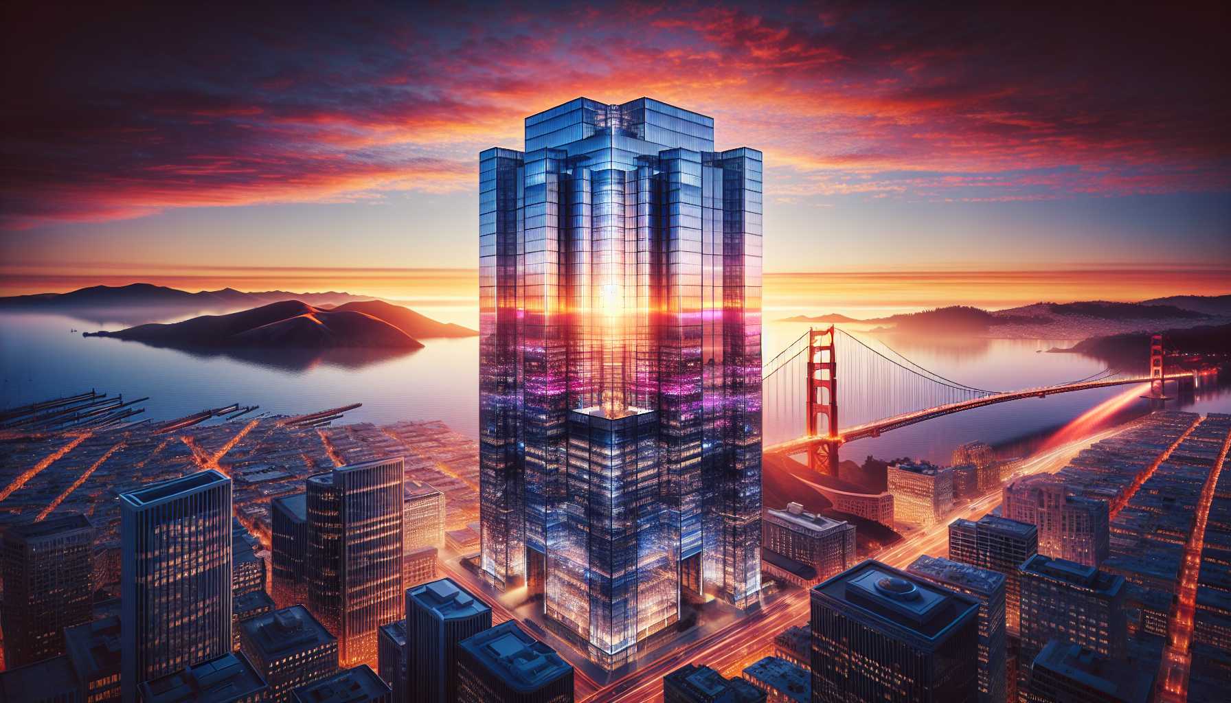 a futuristic office building in San Francisco, the sun setting in the background