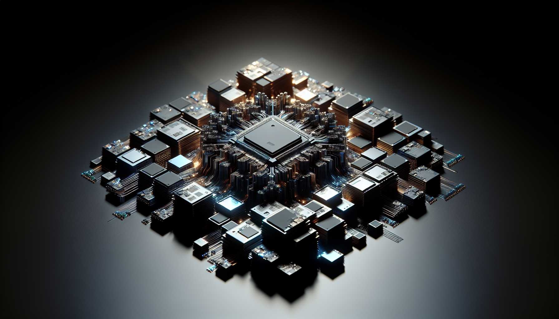 silicon semiconductor chips arranged dramatically, symbolizing Nvidia's influence in tech