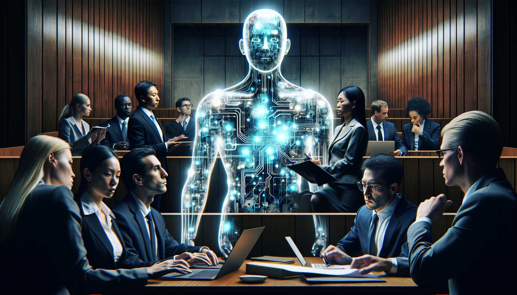 courtroom drama scene with AI and businessmen