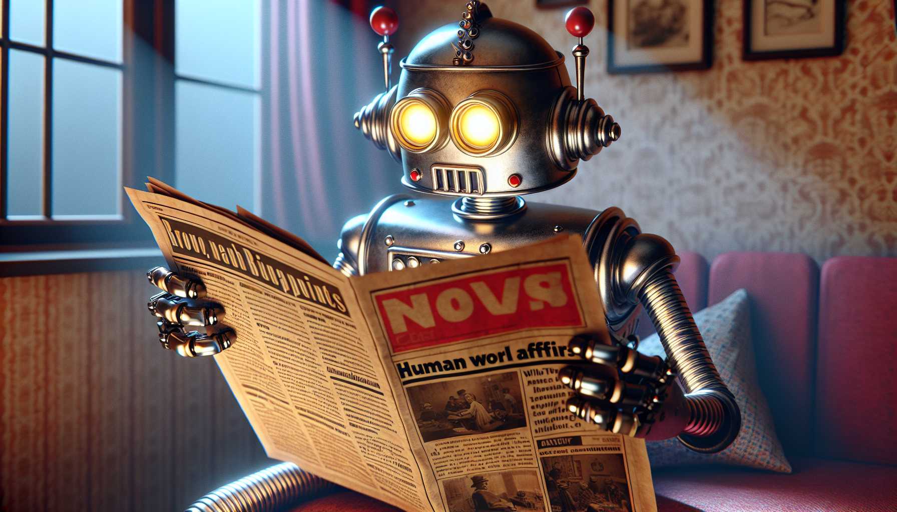 whimsical robot reading a newspaper with confused expression