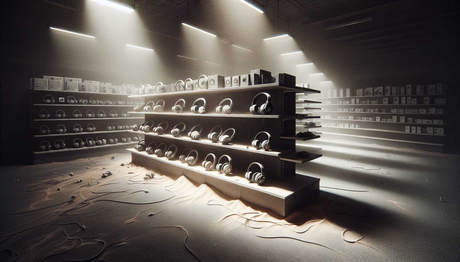 An empty Apple store with dust-covered Vision Pro headsets on the shelf