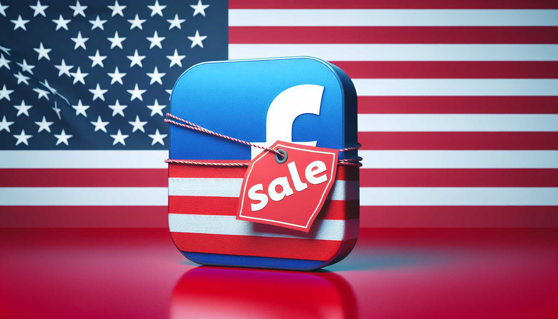 TikTok app logo with a for sale sign against a backdrop of the U.S. flag