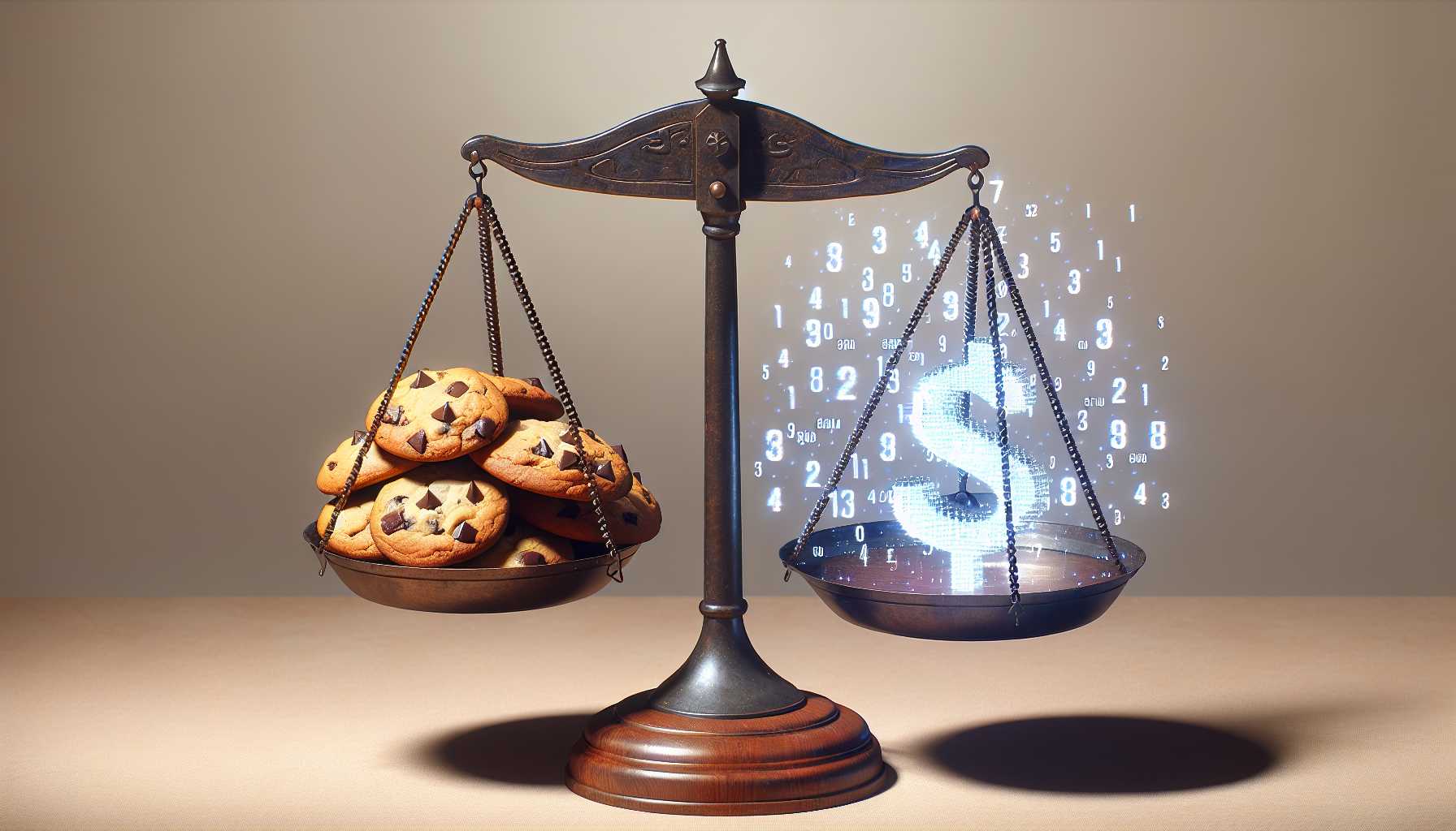 A digital balance scale balancing cookies and digital data, representing privacy versus monetization