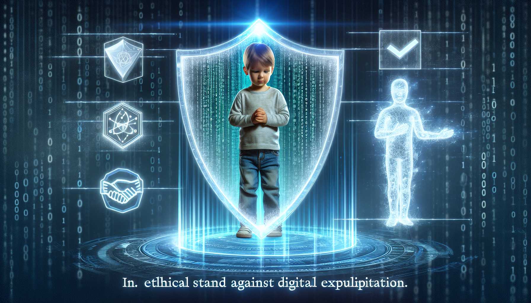 AI technology shield protecting a child from digital dangers, representing tech companies pledging against exploitation