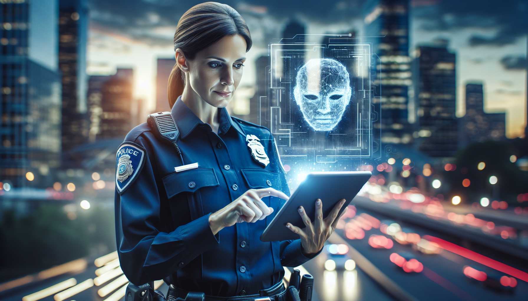 A police officer using AI technology on a tablet to automate reports, representing Axon’s Draft One