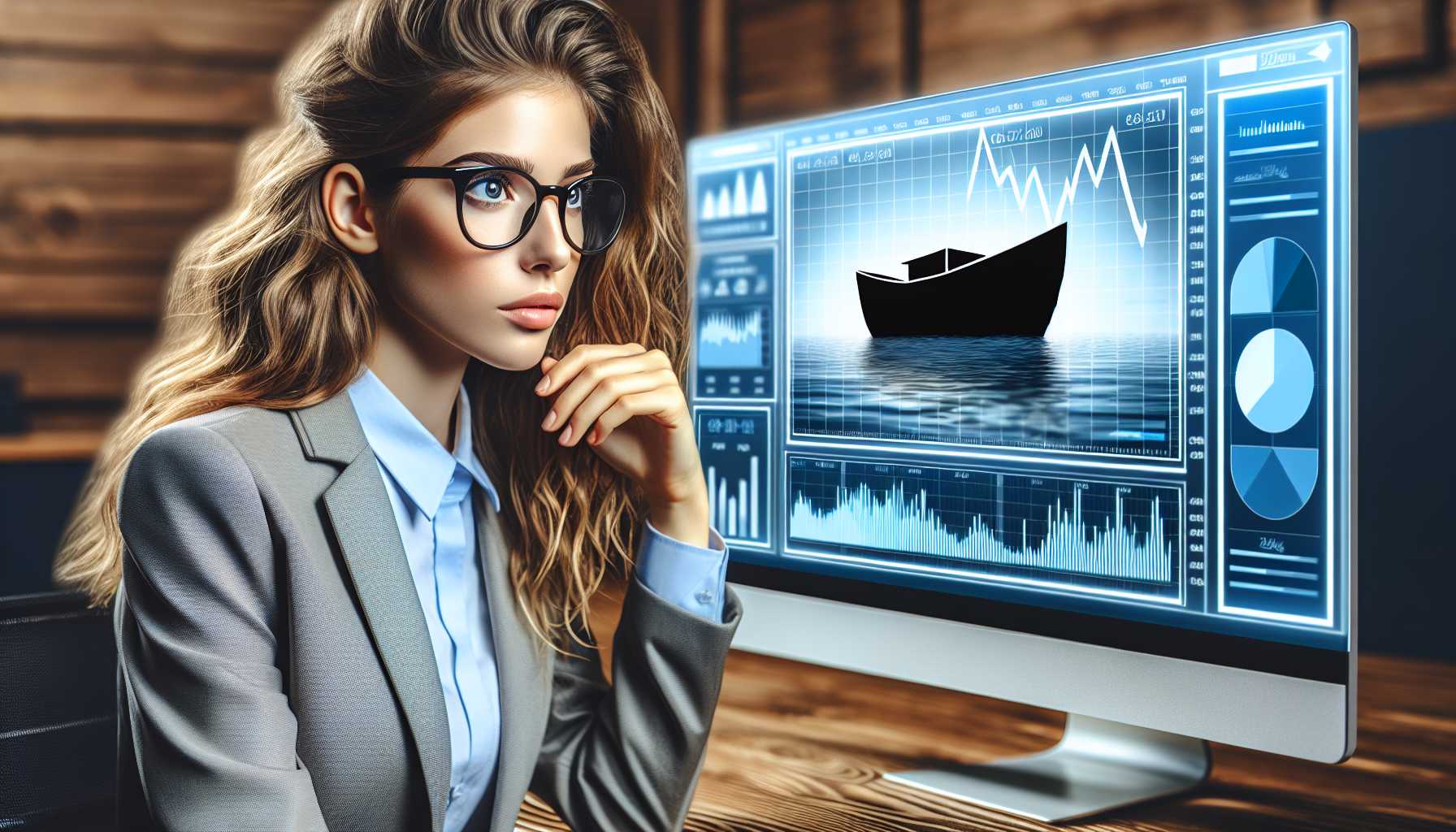 Cathie Wood looking at ARK Investment fund performance on a computer screen