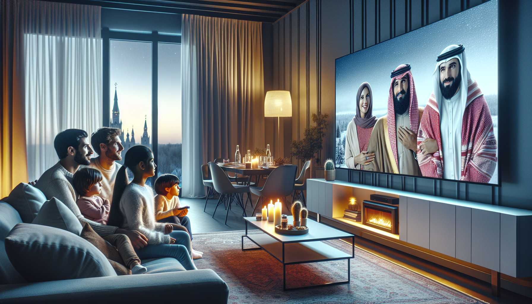 A modern living room in Arkhangelsk with a family enjoying a movie on a large smart TV.
