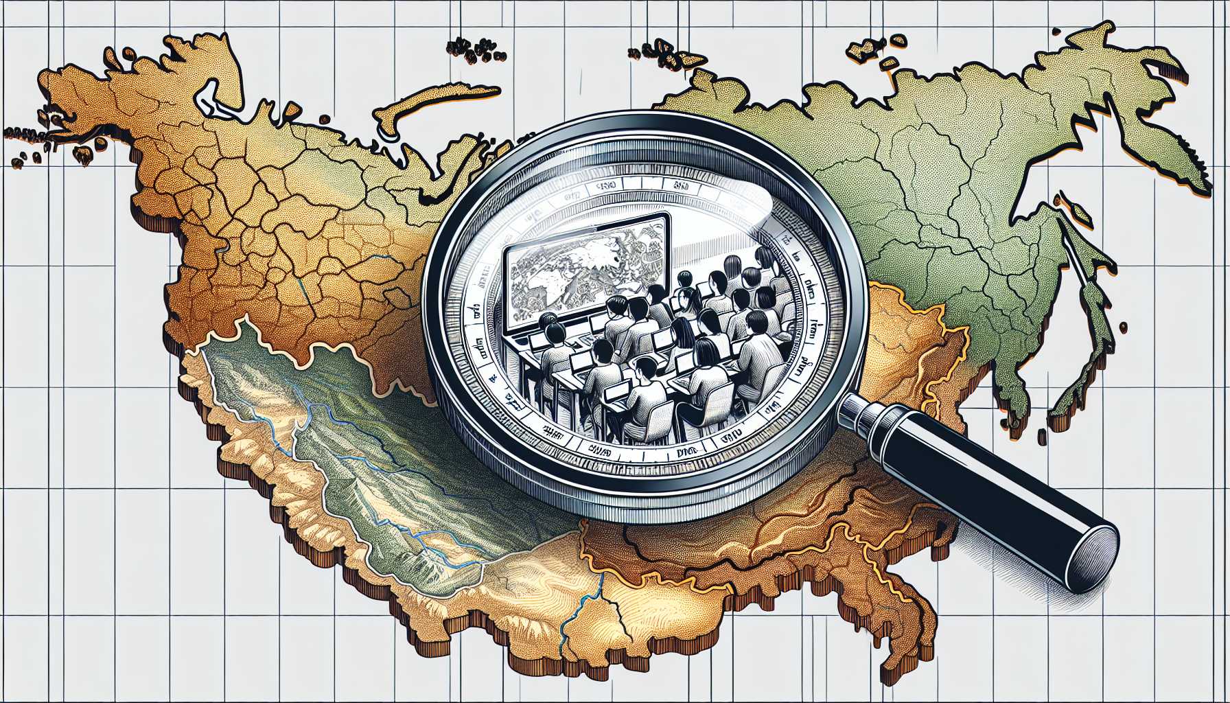 A map of Kalmykia with a magnifying glass focusing on a laptop with students attending an online class.