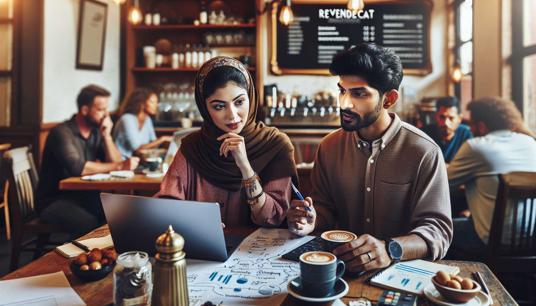 Web app developers discussing RevenueCat billing integration at a coffee shop