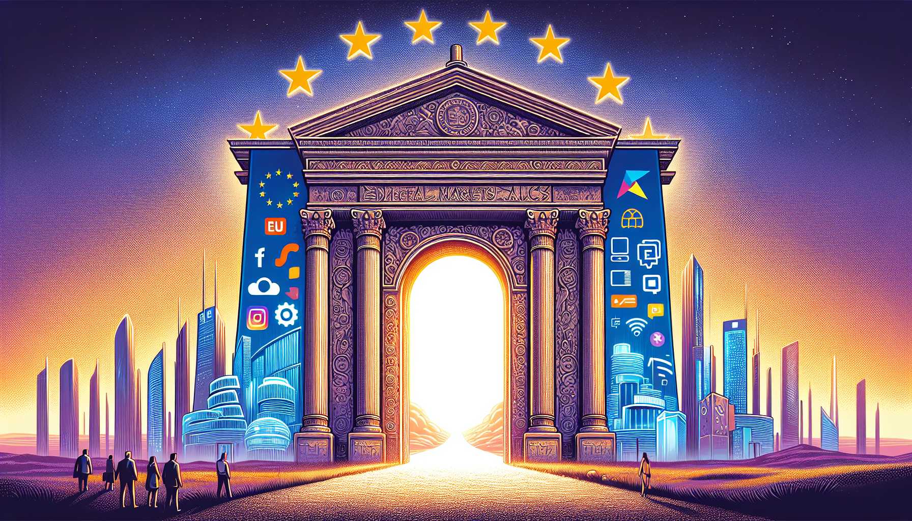 Illustration of EU Digital Markets Act (DMA) as a giant gate opening to various tech platforms