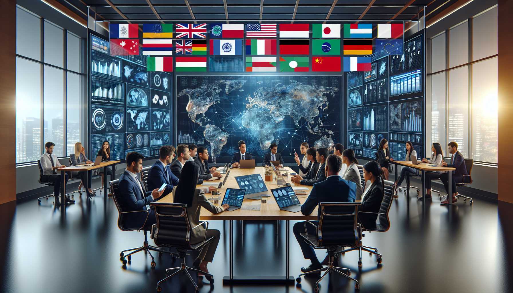 A global strategy meeting in a tech company office, with multiple flags and screens displaying international data