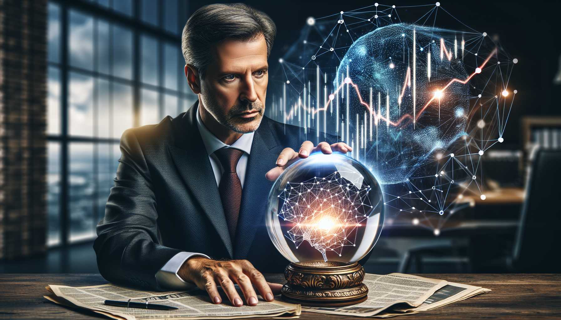 Investor with a crystal ball showing stock market charts and AI neural networks
