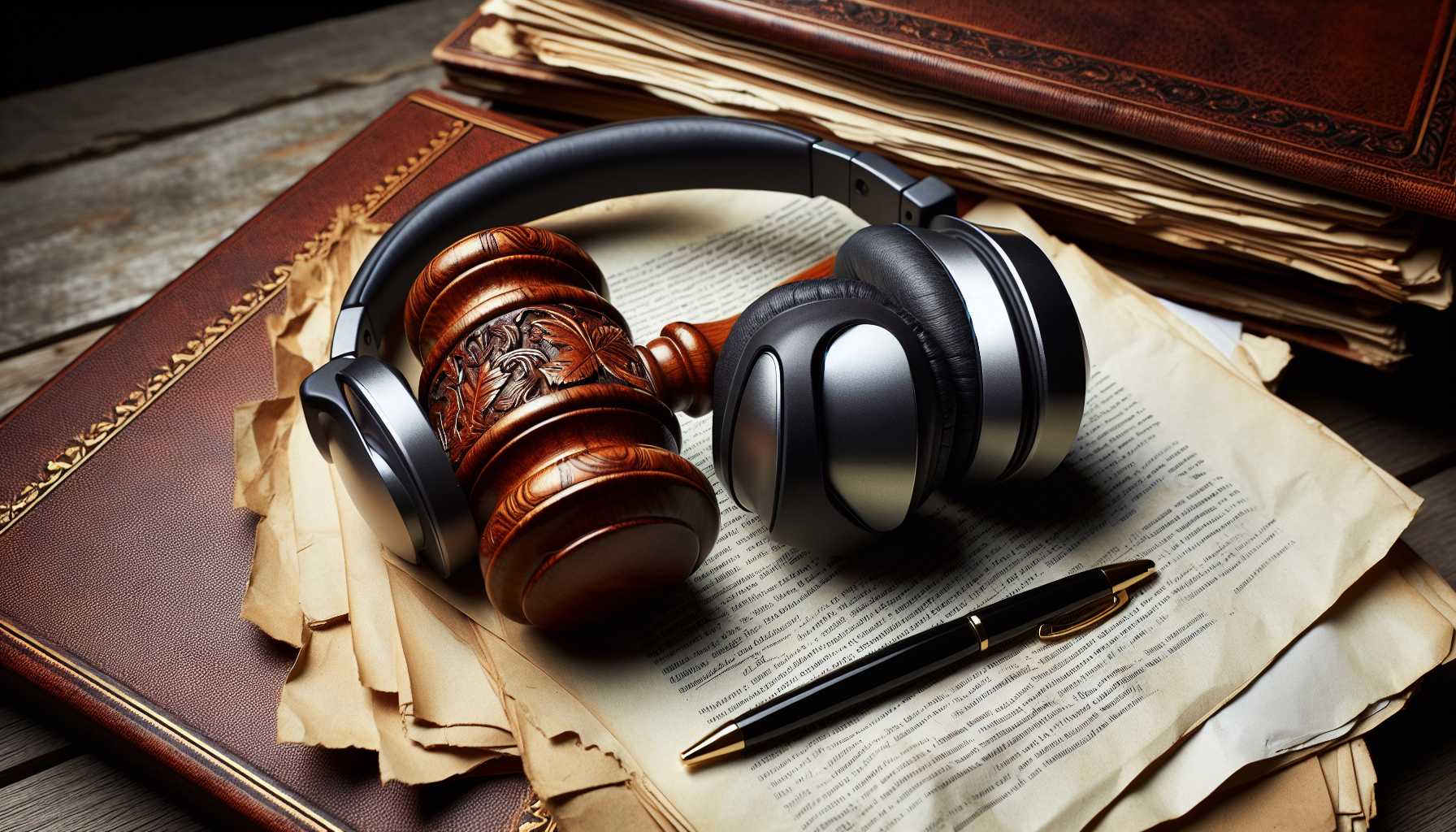 gavel on legal documents with headphones
