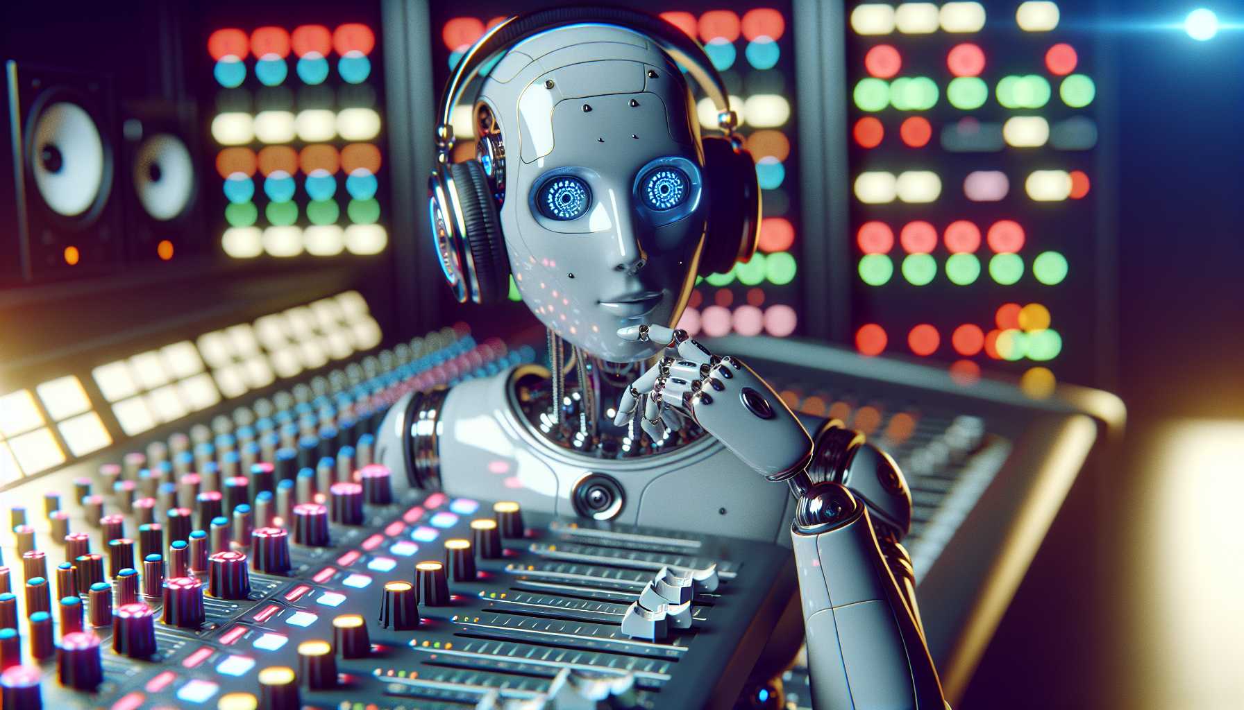 robot wearing headphones at a mixing console